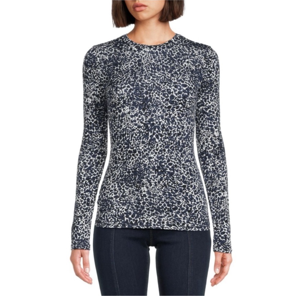 BCBGMaxAzria Navy and White Pattern Long Sleeve Top